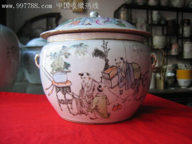 民国早期浅绛彩画名家汪芳林作品人物纹粥罐(包老)缺盖