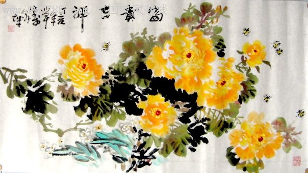 尺横幅精品牡丹画《富贵吉祥》,花鸟国画原作,花卉画原画,水墨/写意