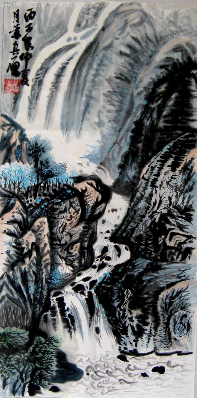 天津著名画家二尺条幅山水画:深山流泉