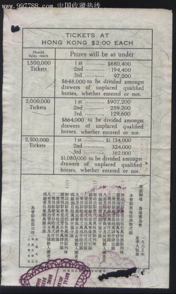 少见1965年香港赛马会夏季大彩票2元正背面图