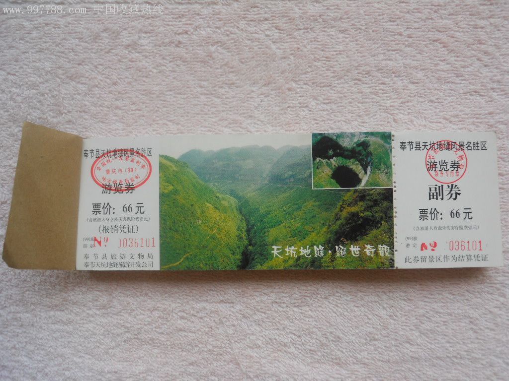 早期纸质门票:奉节县天坑地缝风景名胜区游览券(全新一本100张有副券