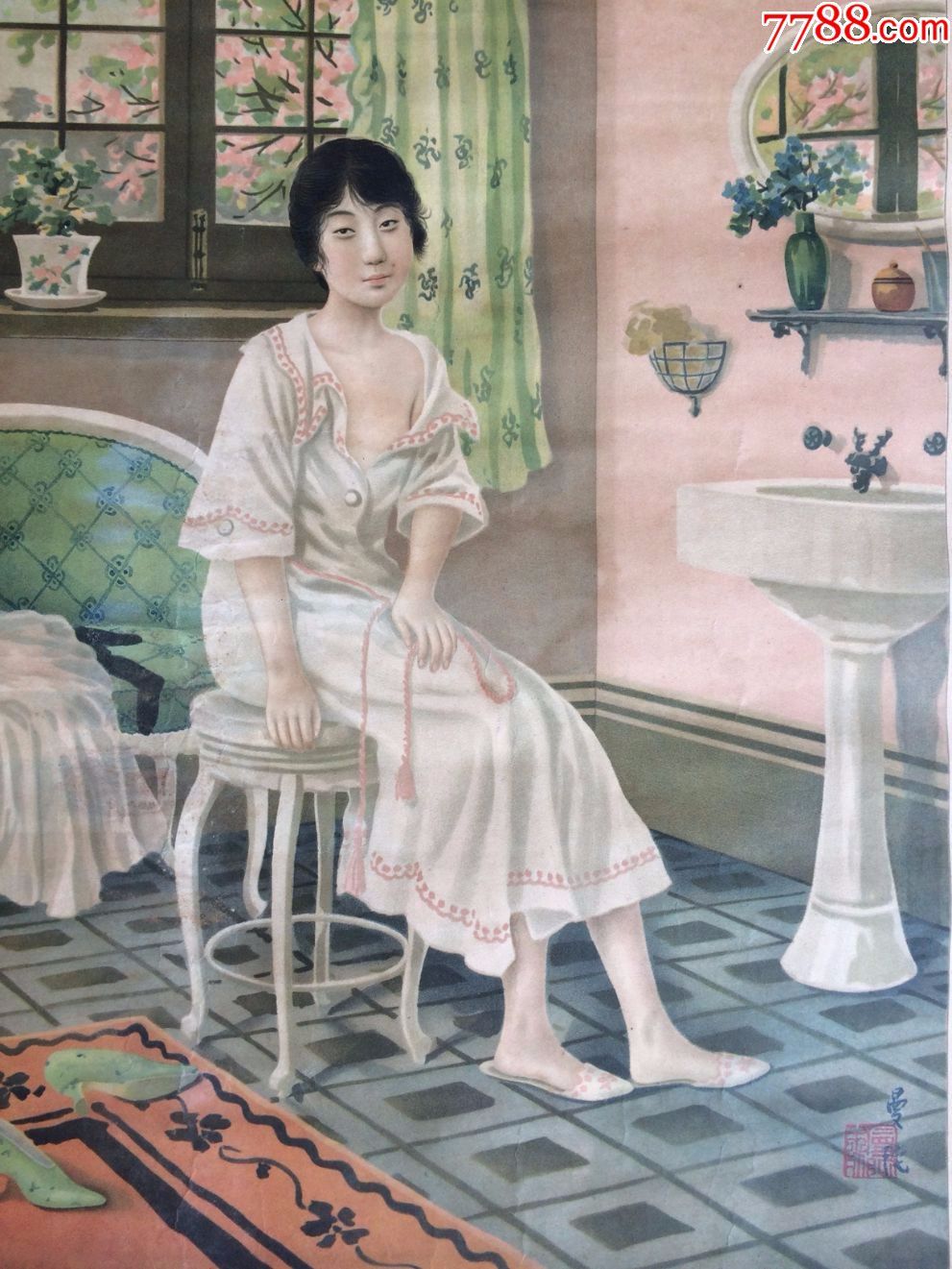 民国春浴图正兴公司美女广告画郑曼陀作品如图