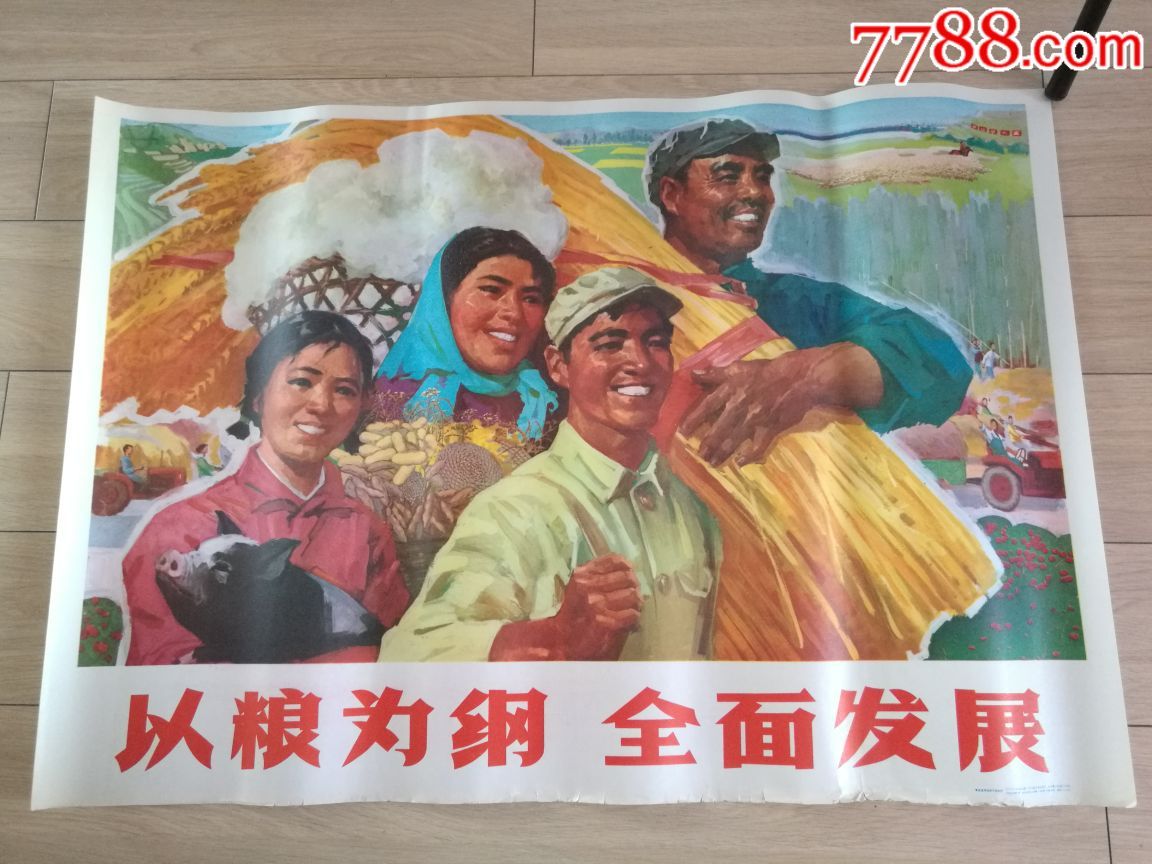 古董古玩收藏真品红色收藏文革宣传画以粮为纲全面发展