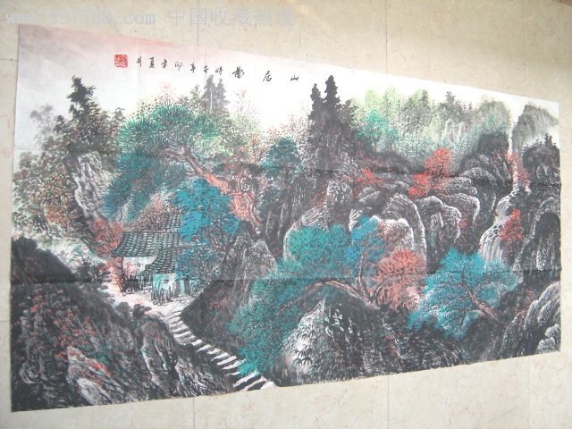 著名泼彩国画家:亚忠四尺山水国画作品《山居图》