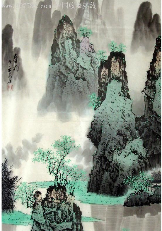 精品四尺桂林山水条幅136cm×69cm,山水国画原作,青绿山水原画,21世纪
