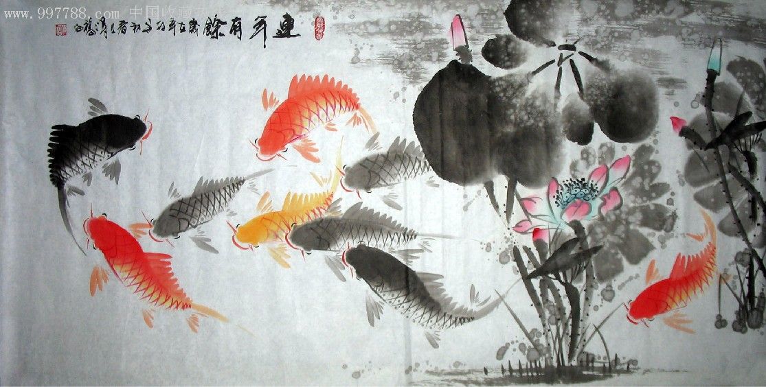 【得福】四尺九鱼荷花鱼137厘米×67厘米_山水国画原作_一拍堂字画店