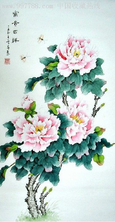 顾雪芳三尺工笔画牡丹《富贵吉祥》_花鸟国画原作_古迹斋【7788收藏