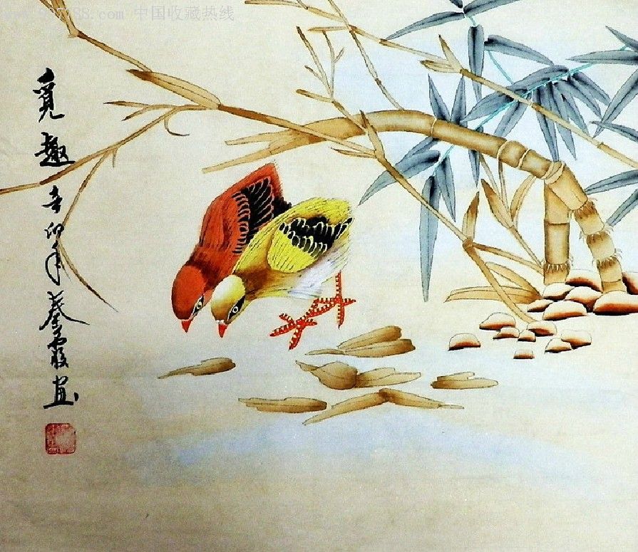 秦霞工笔画三尺斗方花鸟《觅趣》
