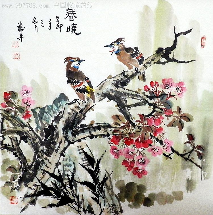 李福华四尺斗方水墨画桃花《春晓》