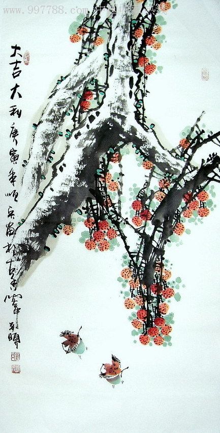 刘顺兵三尺水墨画花鸟《大吉大利》_花鸟国画原作_阁