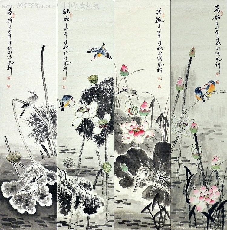王建秋国画花鸟春夏秋冬四条屏四尺