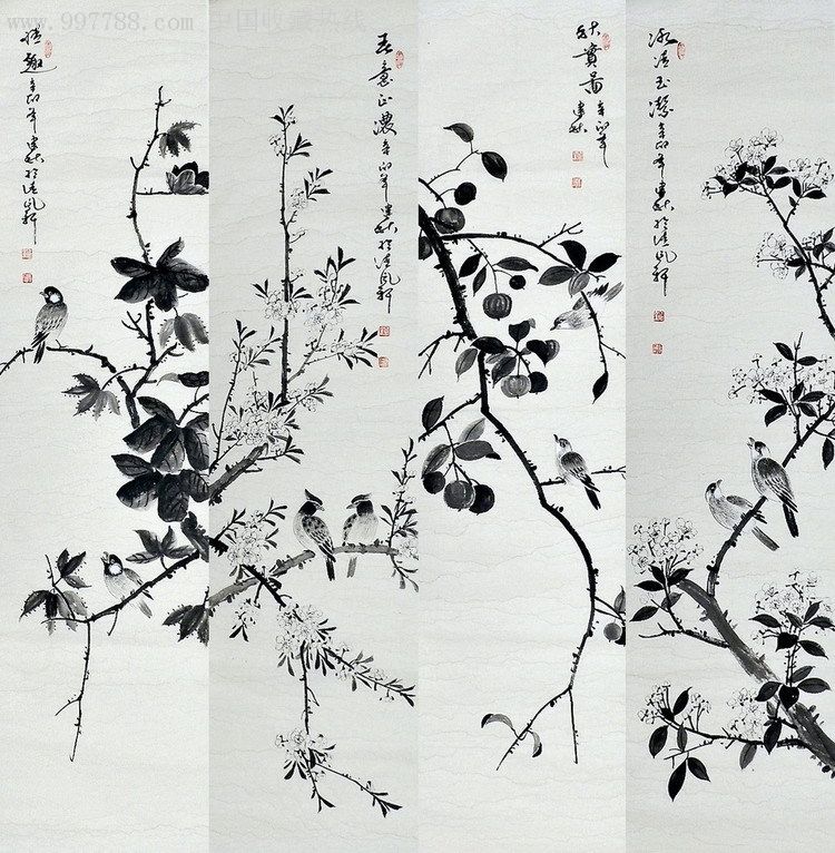 王建秋水墨国画花鸟四条屏136*33cm四尺