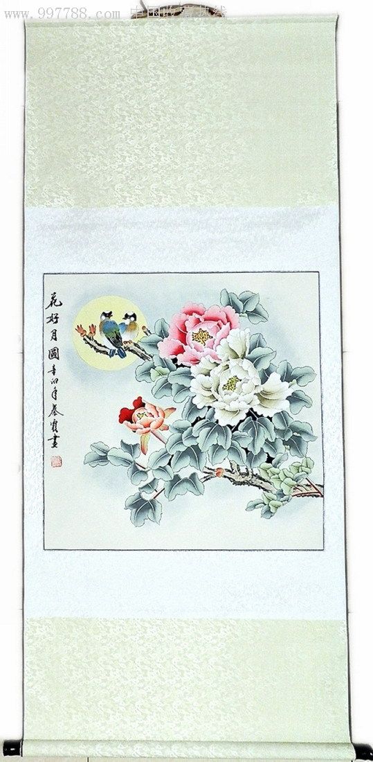 真迹秦霞工笔画斗方花鸟《花好月圆》68*68cm已装裱