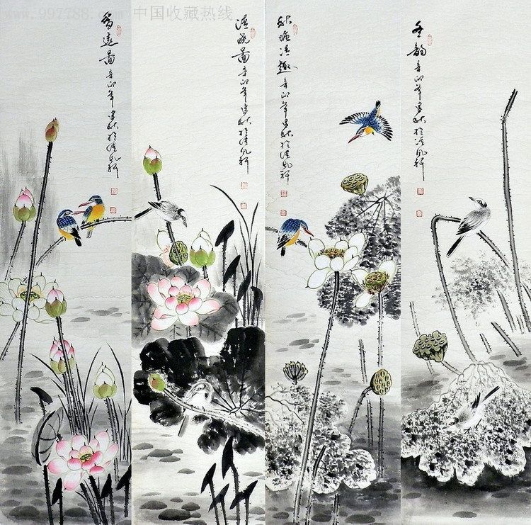 王建秋国画花鸟春夏秋冬四条屏