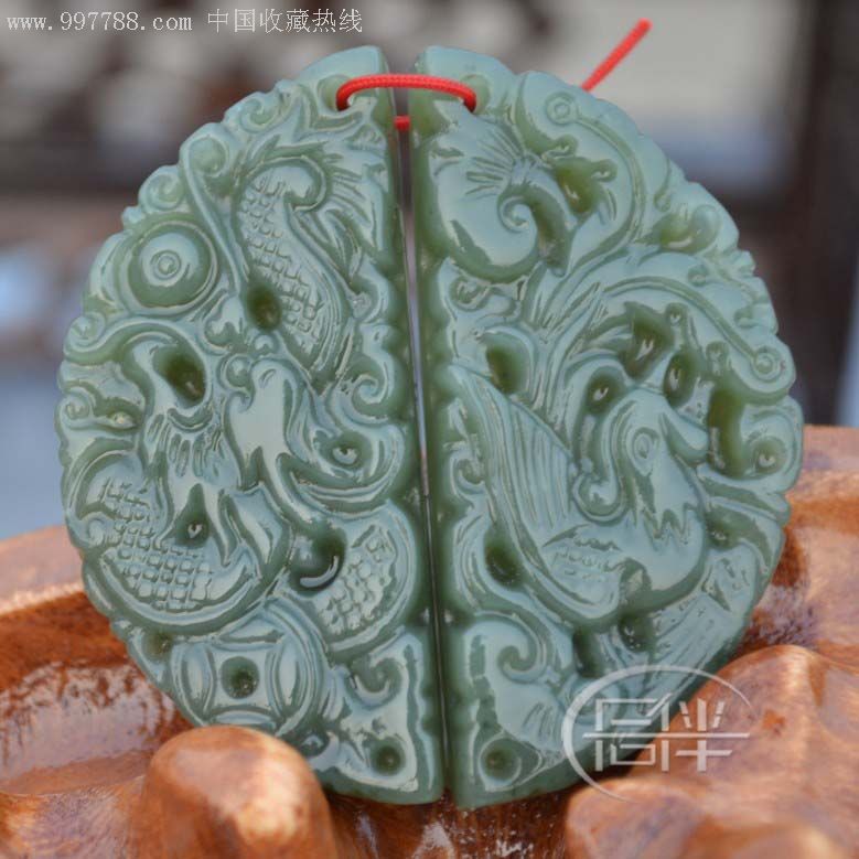 和田玉青玉龙凤对半圆形龙凤玉佩挂坠