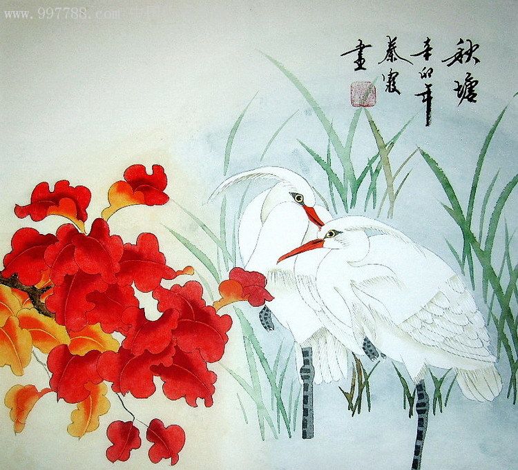 秦霞工笔画3尺斗方花鸟《秋塘》