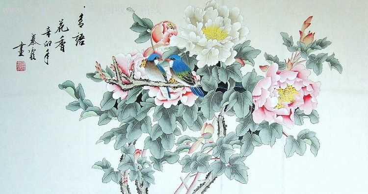 秦霞3尺工笔牡丹《鸟语花香》