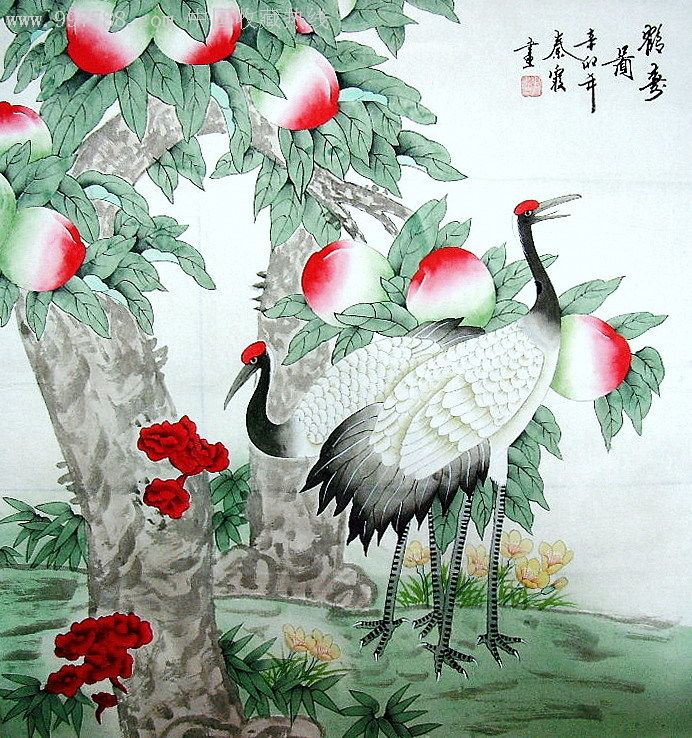 秦霞工笔画6尺斗方花鸟《鹤寿图》-zc3780835-花鸟国画原作-加价-7788