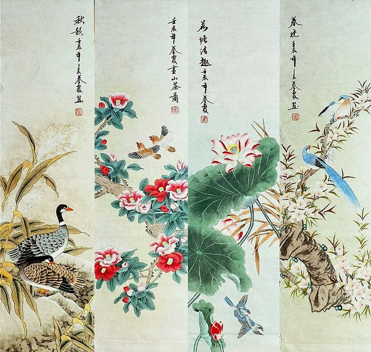 中国美协会员,高级美术师"秦霞"工笔花鸟画四条屏-zc4146818-花鸟国画