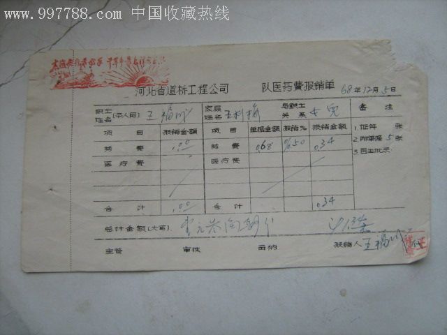 稀少的文革票据1968年河北省道桥工程公司医药费报销单