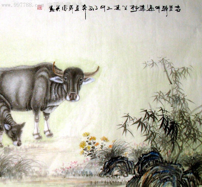 覃凤英写意花鸟画四尺骑牛过远村(三牛)x19743