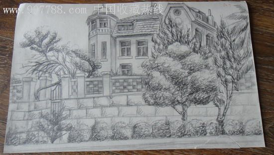 钢笔建筑风景原画稿青岛老基督教堂素描速写画