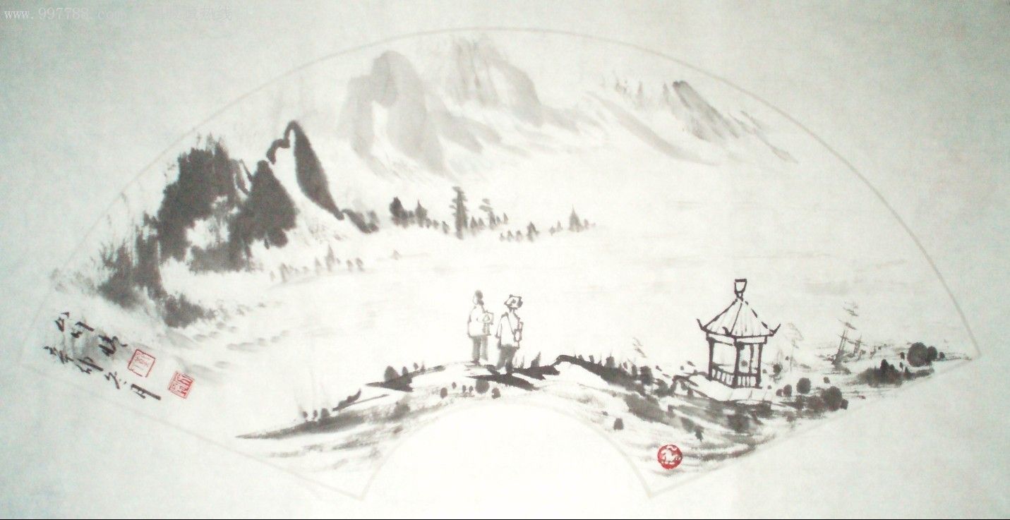 山水画家郑守宽扇面山水画《山川情》