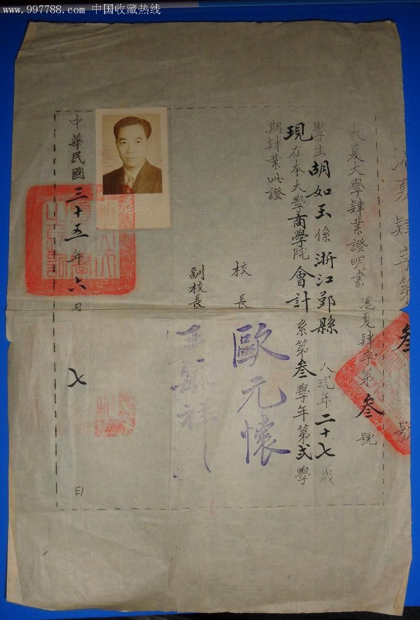 民国一家兄妹俩从小学到大学毕业证书5张