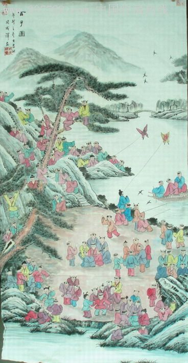 年代不详,,三尺100*69,,未装裱,,宣纸, 简介: 寓意百子千孙,人物各个