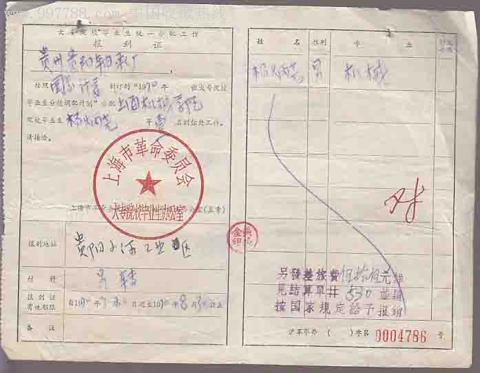 上海市语录大专院校毕业分配报到证