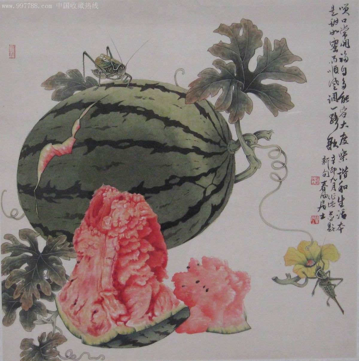工笔西瓜蝈蝈图-se11353554-花鸟国画原作-零售-7788