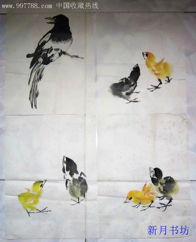 画80-小鸡4张-大约27*35cm,花鸟国画原作,花卉画原画,水墨/写意画法