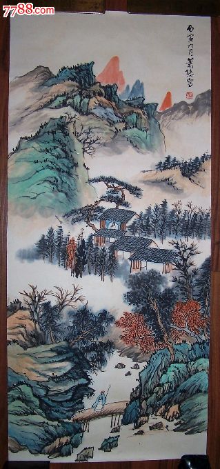 民国著名画家萧愻的山水画作品"秋山访友图"镜心(加衬)