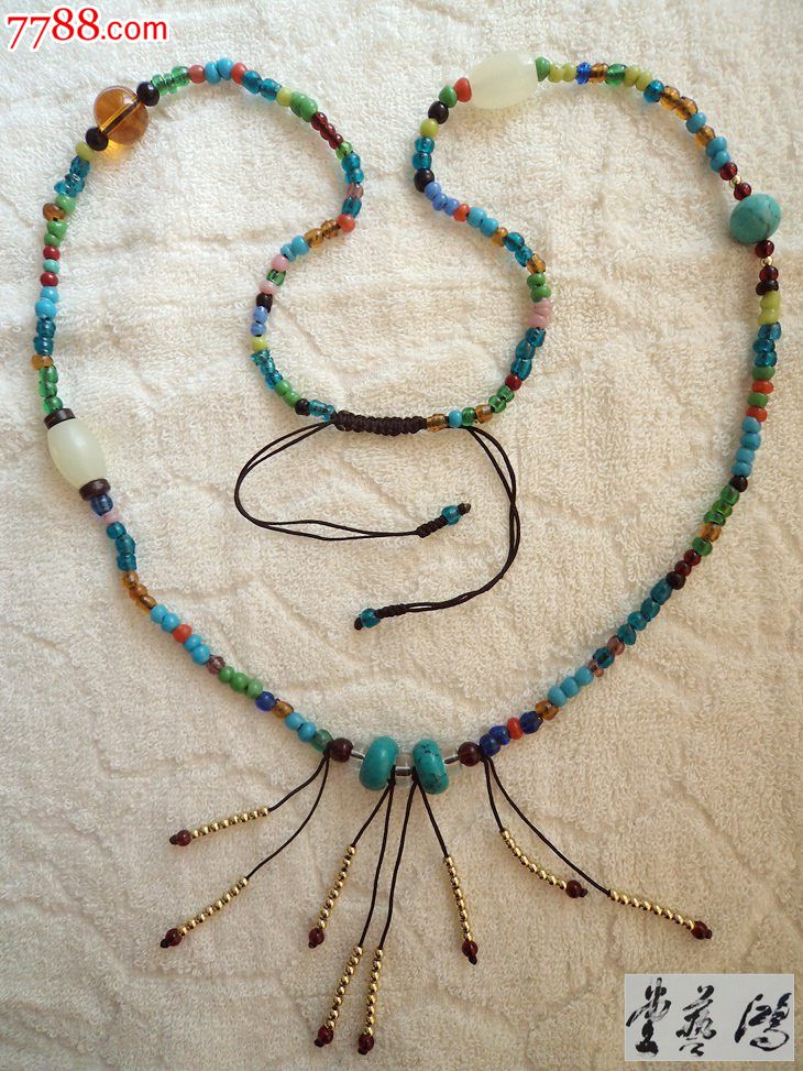 清代古董琉璃珠子佛珠编绳项链<em>绿松石毛衣链</em>手