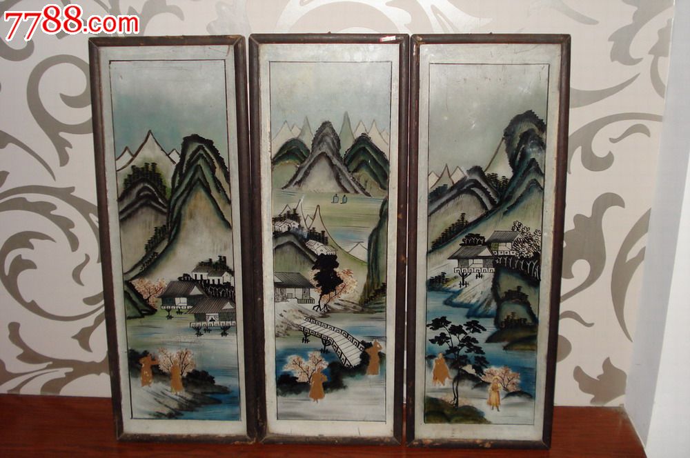 清代风景山水玻璃画三幅一套(a2171)