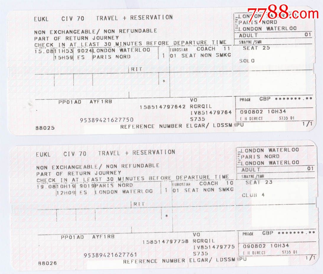 欧洲之星高速列车火车票巴黎伦敦往返-se297