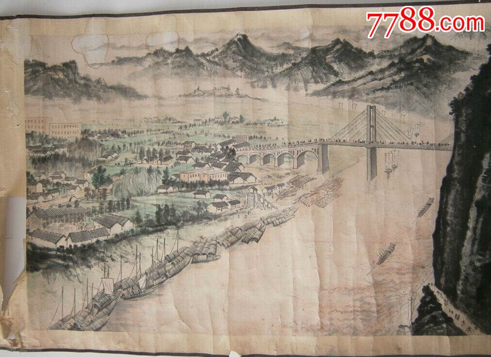 三台县1984年画作《三台涪江大桥》