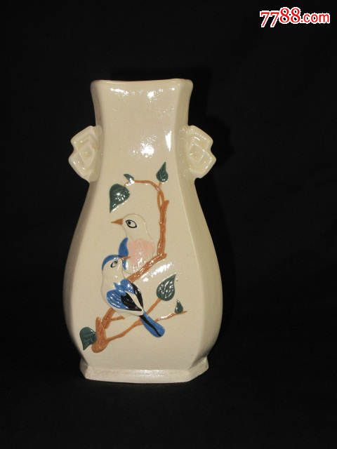 堆塑彩绘花鸟双耳方尊,喜鹊登梅寓意吉祥-价格