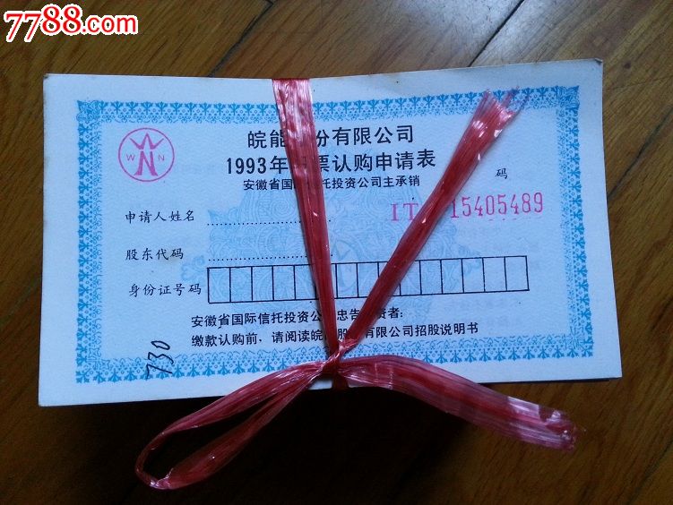 安徽皖能集团股票申请表730张,股票\/集资券,股