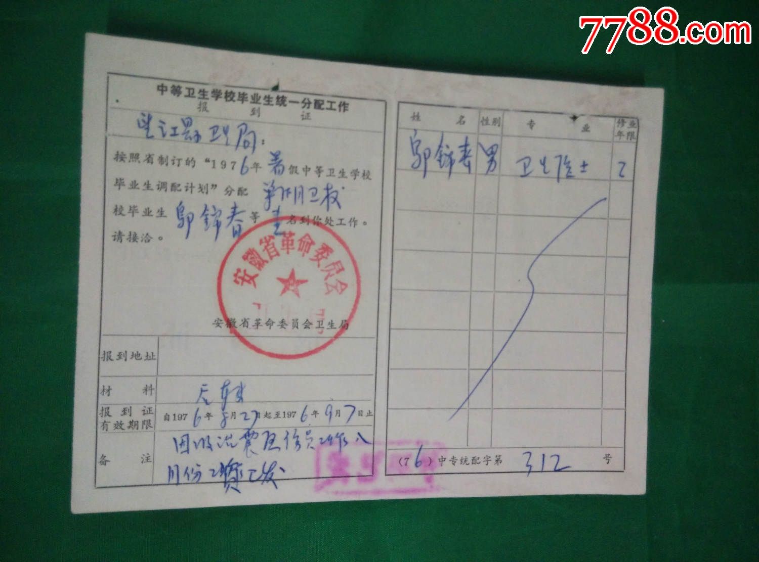 报到证;中等卫生学校毕业生统一分配工作;安徽省革委会卫生局