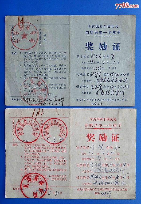 重庆市革委会计划生育领导小组-自愿只生一个孩子奖励证两种_价格元
