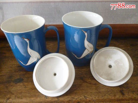 蓝釉留白描金仙鹤口杯(唐山出口品牌)两个_蓝