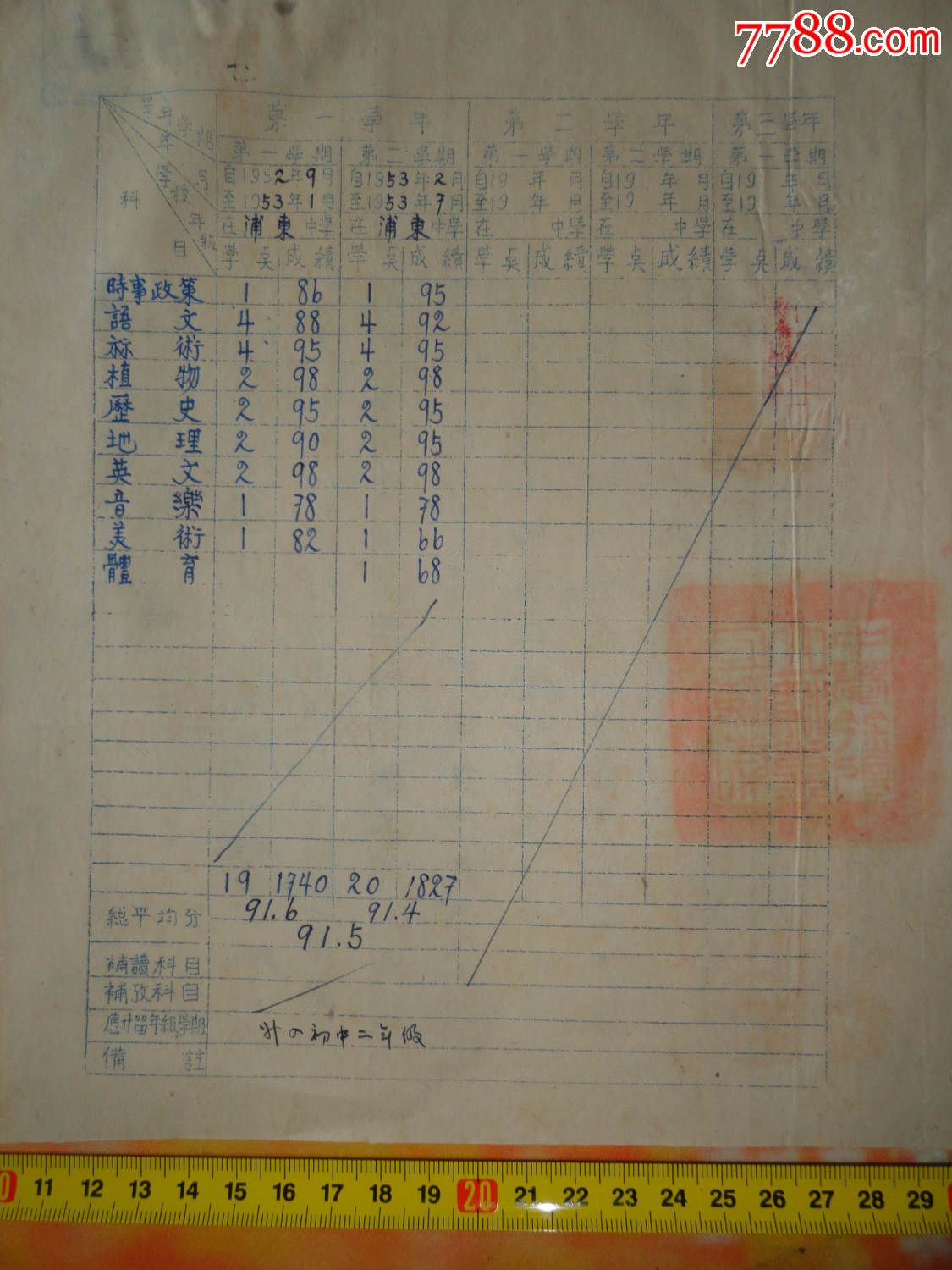 1953年上海市私立浦东中学转学证书背印成绩