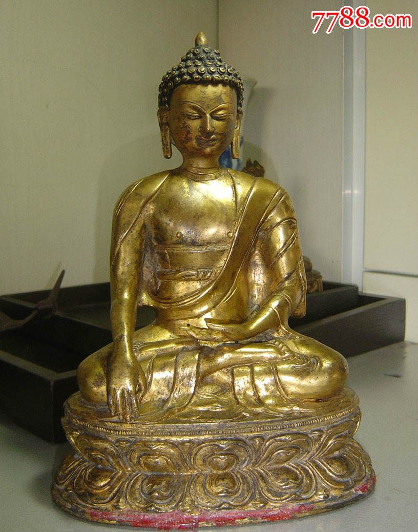 清代铜流金释迦摩尼座佛像_价格80000元【老虎头古玩店铺】_第1张