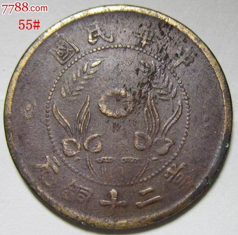 错版币:中华铜币河南省造二十文:背逆约170度(编号cb055)