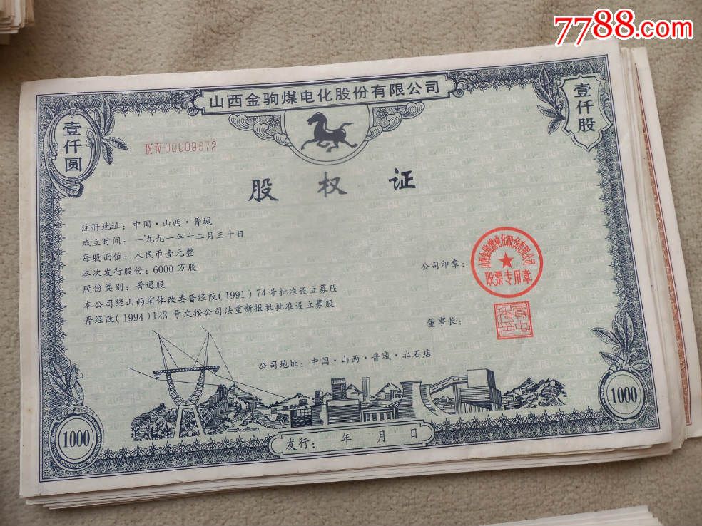 证书4987,山西金驹煤电化股份有限公司股权证50张合售