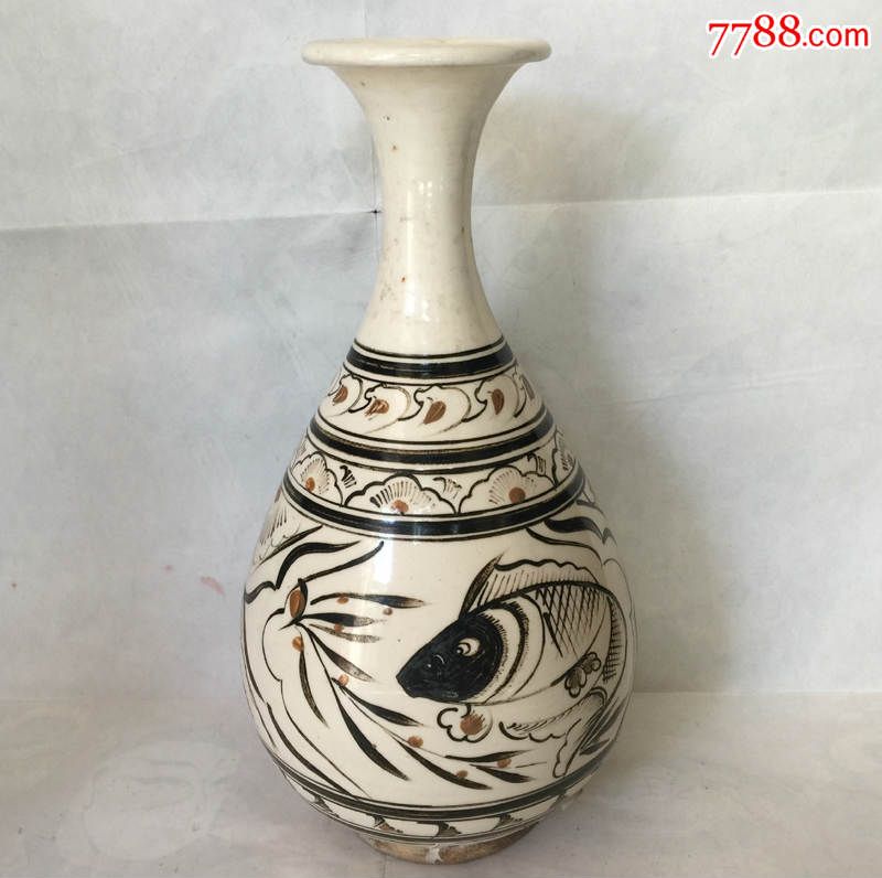 古董收藏磁州窑玉壶春瓶双鱼图画花玉壶春瓶
