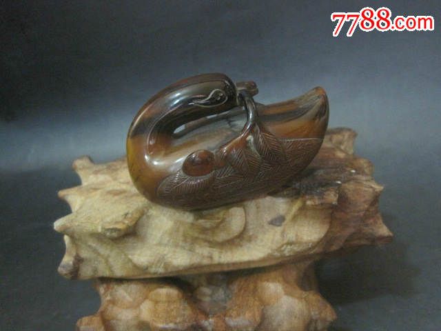 精品古玩杂项明代老牛角精雕仙鹤含灵芝手把件老物件雕工精湛