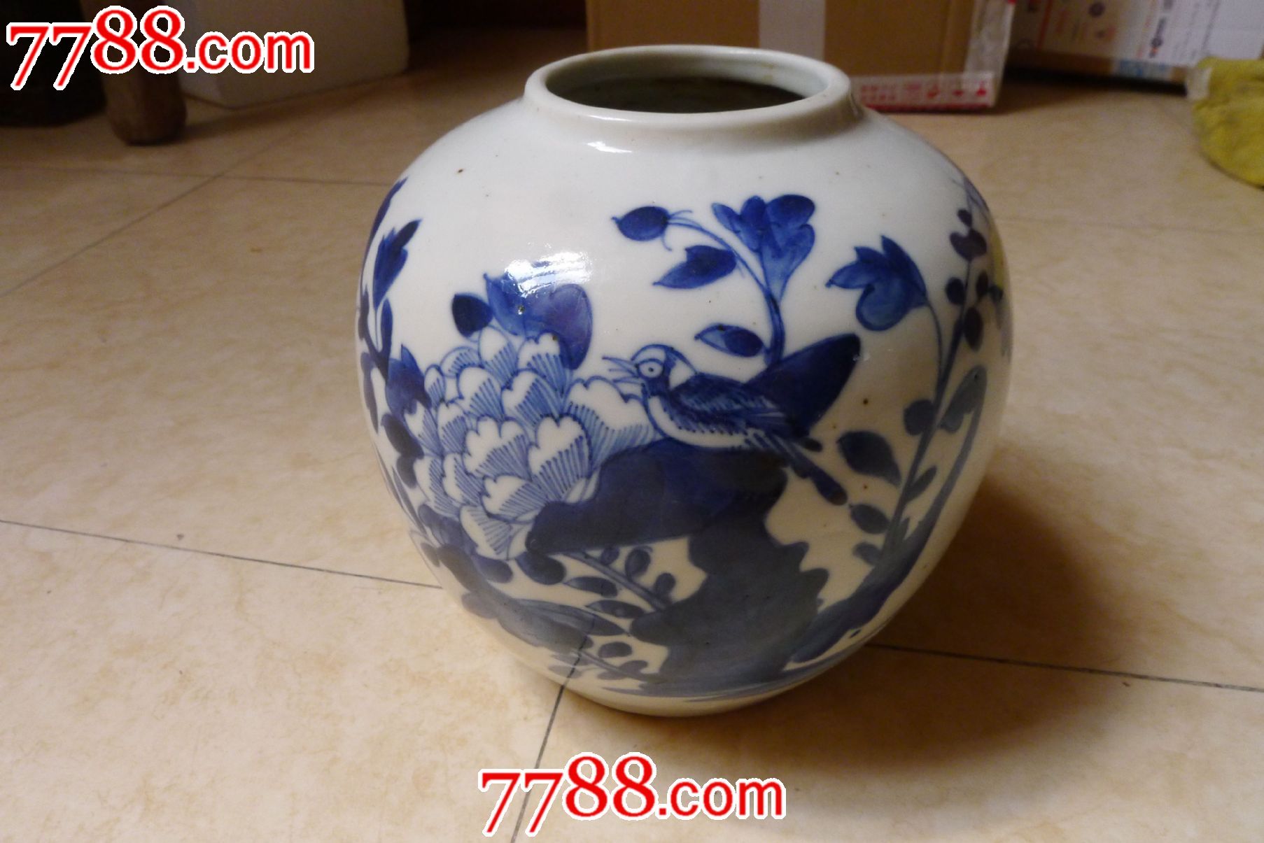 清代全品青花花鸟茶叶罐图片
