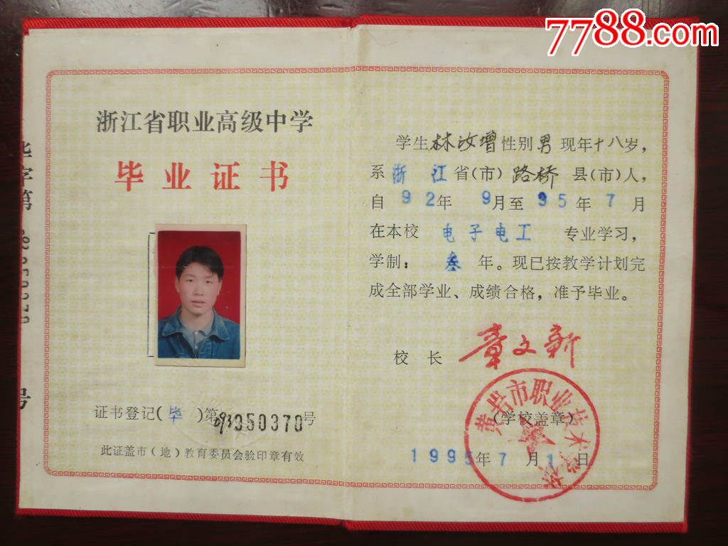 1995年黄岩市职业技术学校学生毕业证书